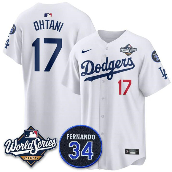 Men's White Los Angeles Dodgers #17 Shohei Ohtani 2025 World Series With No.34 Patch Home Limited Stitched Baseball Jersey